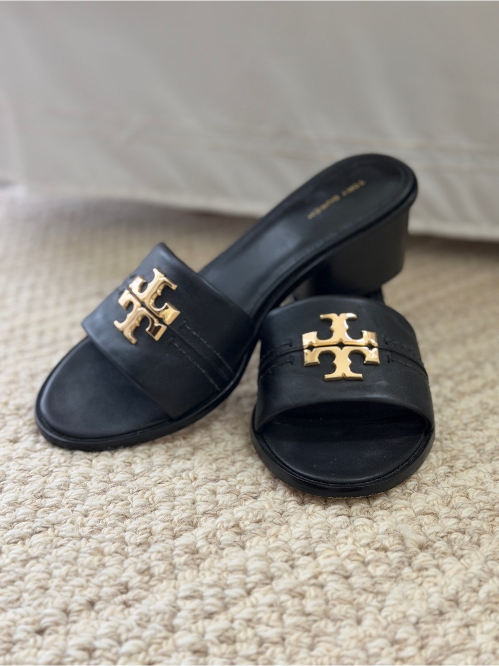 Tory Burch Black Leather Slide Mules with Gold Logo